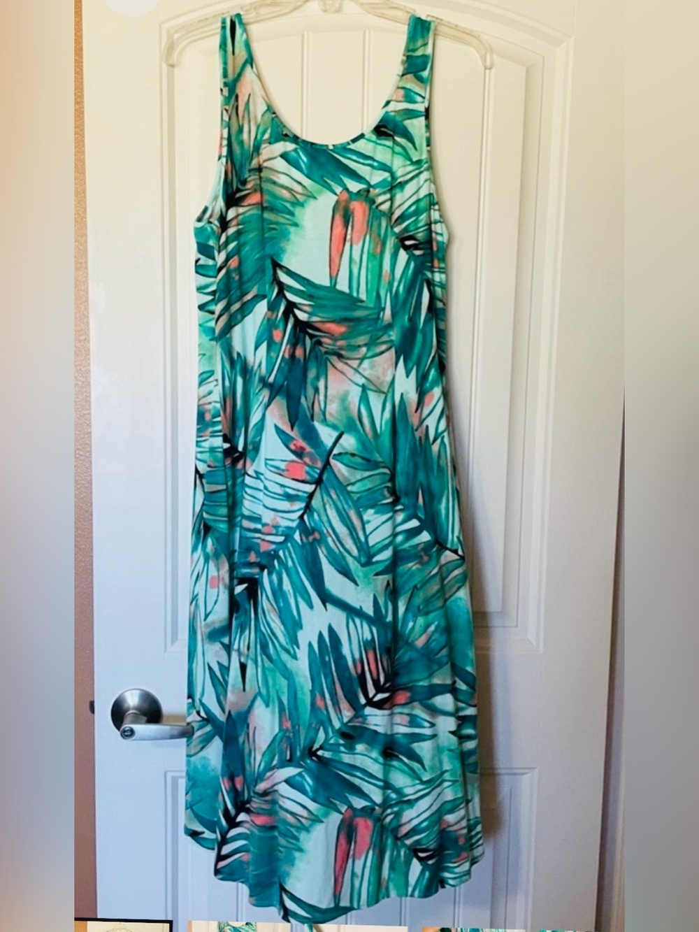 Tommy Hilfiger, tropical green, sleeveless dress, asymmetric hem, medium